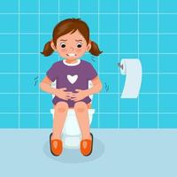linda niña sentada en el inodoro con dolor sufre de dolor de estómago con diarrea estreñimiento problema digestivo vector
