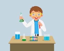 cute little boy scientist with safety goggles holding chemical liquid in flasks doing science project chemistry experiment in the laboratory vector