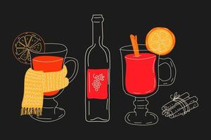 Set Mulled wine in different cups and a bottle of wine . Mulled wine with cinnamon.Vector in cartoon style. All elements are isolated vector
