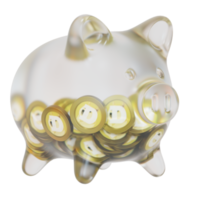dogecoin dogen-sparschwein aus glas mit abnehmenden stapeln von kryptomünzen. einsparung von inflation, finanzkrise und verlust des geldkonzepts 3d-illustration png