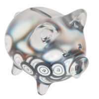 arweave ar glass piggy bank con montones decrecientes de monedas criptográficas.ahorro de inflación, crisis financiera y pérdida de dinero concepto 3d ilustración png