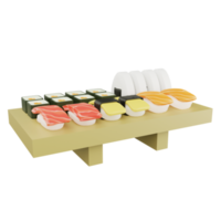 Sushi de renderização 3D definido na bandeja de sushi isolada em fundo transparente png