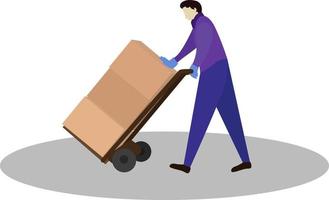 ilustración vectorial de envío del repartidor, repartidor empujando el carro de la carretilla de mano paquete completo de cajas de cartón al cliente. mensajero entregando paquetes vector