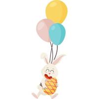 personaje de conejito. volando y riendo en tres globos divertido, feliz conejo de dibujos animados de pascua con huevo vector