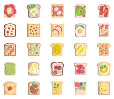 toast toppings, bread slices Toast toppings icon set vector