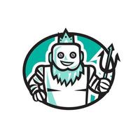 Robotic Poseidon Holding Trident Oval Retro vector