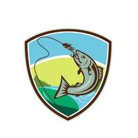 Trout Biting Hook Lure Shield Retro vector