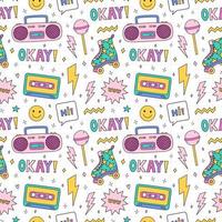 Bright seamless pattern with items from the nineties - quad roller skates, retro cassette tape and music boombox, lightnings, smile, lollipop, stars on checkered background. Nostalgia for the 1990 vector