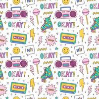 Bright seamless pattern with items from the nineties - quad roller skates, retro cassette tape and music boombox, lightnings, smile, lollipop, stars on checkered background. Nostalgia for the 1990 vector