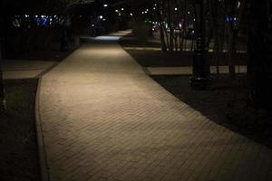 camino en el parque por la noche. calle peatonal sin gente. foto