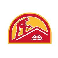 Roofer Working on Roof Half Circle Retro vector