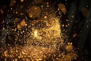 Sparks from grinder. Sawing steel. Industrial background. Texture of lights. Hot metal particles. photo
