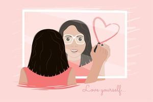 Girl with glasses looking at herself on mirror Self love Vector illustration