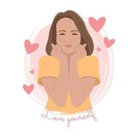 Cute girl hugging herself with hearts around Self love Vector illustration