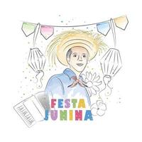 Watercolor boy cartoon with summer hat and ornaments Festa Junina Poster Vector illustration