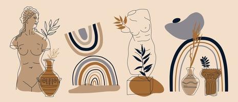 conjunto de ilustración boho abstracta con estatua antigua, formas geométricas y florales. vector fondo contemporáneo estilo boho minimalismo