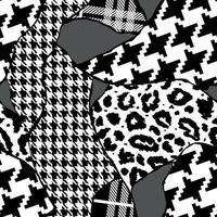 piel de animal de collage de mosaico moderno negro y blanco mezclada con patrón geométrico, tartán y adorno de borde en un diseño de vector transparente para moda, tela, papel pintado
