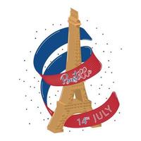 hito aislado del edificio de la torre eiffel con una ilustración del vector del día de la bastilla de la cinta