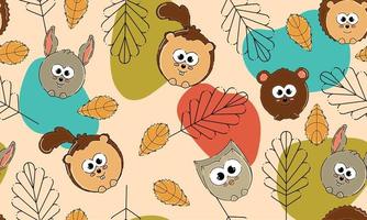 Fondo de patrón sin costuras de otoño de color con ilustración de vector de animales lindos