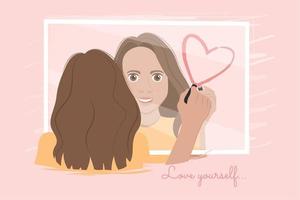 Cute girl looking at herself on the mirror Self love Vector illustration