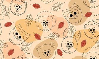 Fondo de patrón sin costuras de otoño de color con ilustración de vector de animales lindos