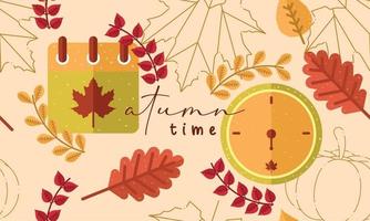 Colored autumn seamless pattern background with watch and calendar Vector illustration