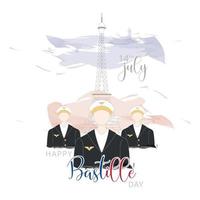 grupo de avatares de soldados con el hito de la torre eiffel y la ilustración del vector del día de la bastilla de la bandera francesa