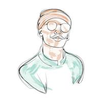 Isolated watercolor sketch of hipster with mustache and eyeglasses Vector illustration