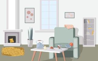 Cute and cozy interior of the living room with a sofa, fireplace, table, interior items, comfortable autumn season in the style of Hugge. vector