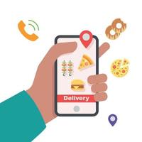 Hand holding mobile online order food delivery illustration. vector