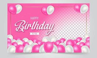 diseño de banner de feliz cumpleaños con ilustración de globos rosas y blancos sobre fondo degradado vector