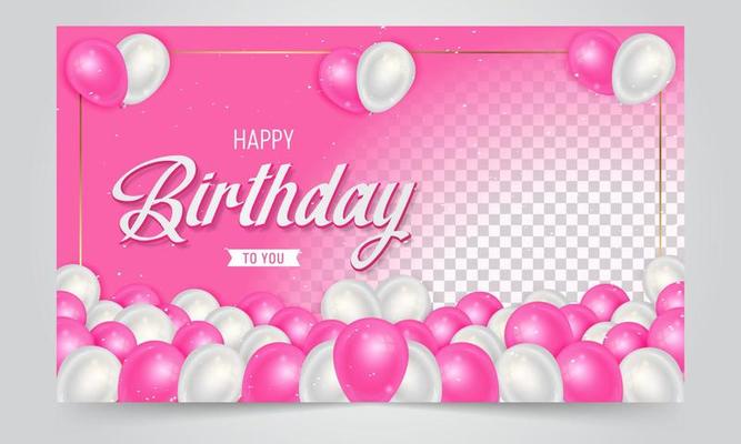 Happy Birthday. Card with red pink realistic banner ribbon balloons in form  of heart isolated on white isolated background. Vector illustration EPS 10  Stock Vector