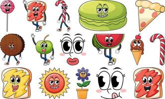 Set of objects and foods cartoon characters vector