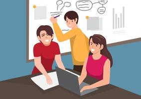 male and female characters working in the office Minimum co-working space group of office workers working startup vector illustration team project brainstorm teamwork process
