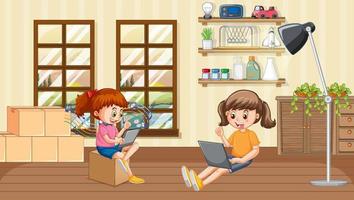 At home scene with children using their laptops vector