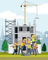 Building construction site with workers vector