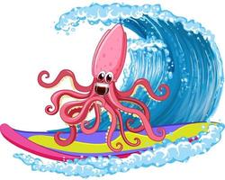 Squid on surfboard with ocean wave vector