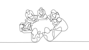 Continuous line drawing group of people sitting, standing, meeting and support vector