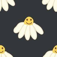 Chamomile smile 1970 pattern. Groovy daisy retro seamless pattern vector