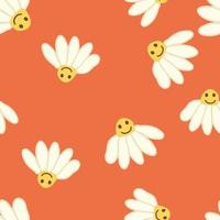 Chamomile smile 1970 pattern. Groovy daisy retro seamless pattern vector