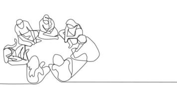 Continuous line drawing group of people sitting, standing, meeting and support vector