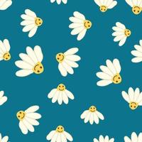 Chamomile smile 1970 pattern. Groovy daisy retro seamless pattern vector