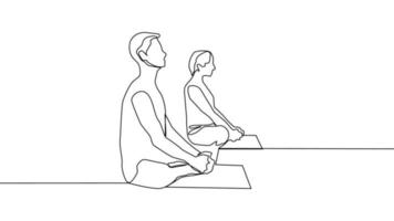 Yoga, woman, man practices yoga while sitting in the lotus position. Continuous line drawing vector