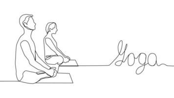 Yoga, woman, man practices yoga while sitting in the lotus position. Continuous line drawing vector