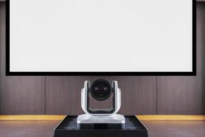 3D render Camera video conferencing with projector white screen background photo