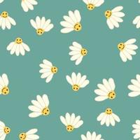 Chamomile smile 1970 pattern. Groovy daisy retro seamless pattern vector