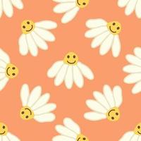 Chamomile smile 1970 pattern. Groovy daisy retro seamless pattern vector