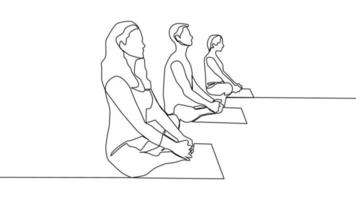 Yoga, woman, man practices yoga while sitting in the lotus position. Continuous line drawing vector