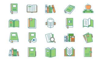 icono de libro y literatura establecido en estilo de relleno delineado. adecuado para el elemento de diseño del símbolo de la aplicación de educación, ciencia y aprendizaje. vector