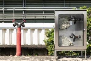 gabinete exterior con carrete de manguera contra incendios en el interior foto